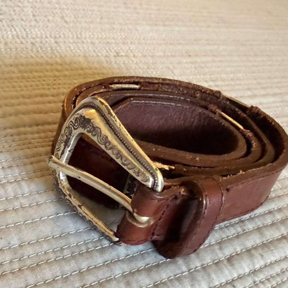 Fossil 1998 Vintage Women's Brown Leather Western Belt Silver Engraved Buckle 34